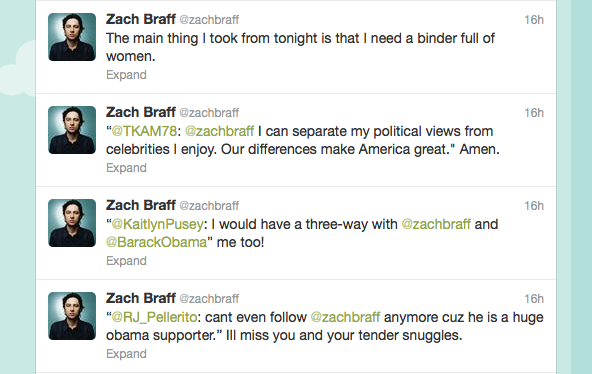 Actor Zach Braff: I would have a three-way with Obama