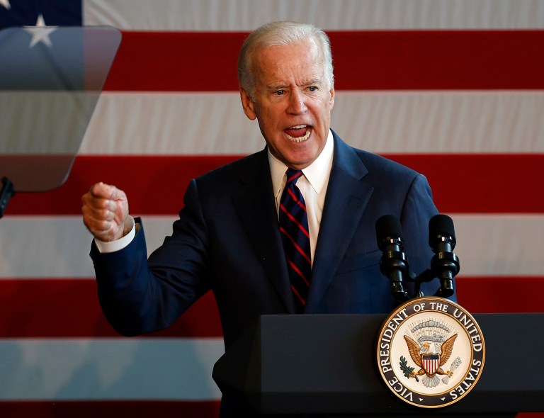 While Joe Biden quickly expressed his distaste for Donald Trump, he tried to focus his remarks on Hillary Clinton and the importance of getting out the vote for her. (AP Photo)