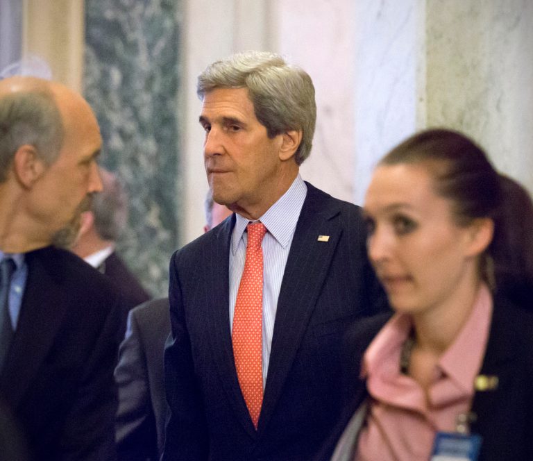 Secretary of State John Kerry and national intelligence advisers arrive on Capitol Hill in Washington, Friday, April 26, 2013, to update members of the House on Syria's alleged use of poisonous gas in its ongoing civil war. U.S. intelligence has concluded with 