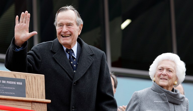 Former President George H.W. Bush and former first lady Barbara Bush. The former president said he is already looking forward to the 94 percent eclipse Texas is projected to see in 2024. (AP Photo/Eric Gay, File)
