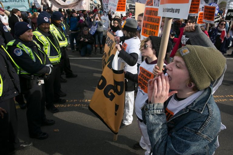 US Capitol police officers line-up in front of pro-abortion rights activists who held up the annual March for Life on Thursday, Jan. 22, 2015, outside the Supreme Court in Washington. (Graeme Jennings/Washington Examiner)
