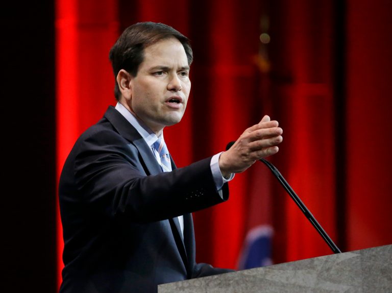 Sen. Marco Rubio, R-Fla., speaks at the National Rifle Association convention Friday, April 10, 2015, in Nashville, Tenn. (AP Photo/Mark Humphrey)