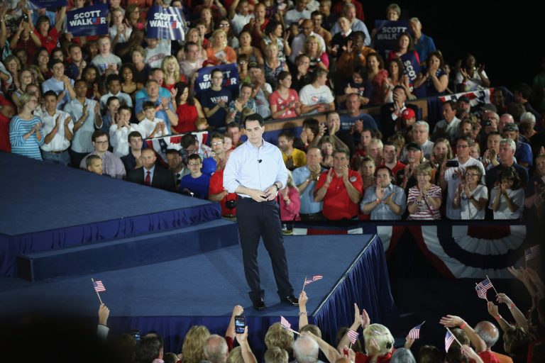 Wisconsin Governor Scott Walker announces to supporters and news media gathered at the Waukesha County Expo Center that he will seek the Republican nomination for president on July 13, 2015 in Waukesha, Wisconsin. Walker is the 15th candidate to formally announce intentions to seek the Republican nomination. (Photo by Scott Olson/Getty Images)