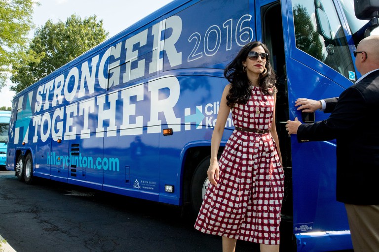 Huma Abedin, Hillary Clinton's top campaign aide, faced questions over the weekend about her editorial role at a Saudi publication that has printed stories containing radical Islamic views. (AP Photo/Andrew Harnik)