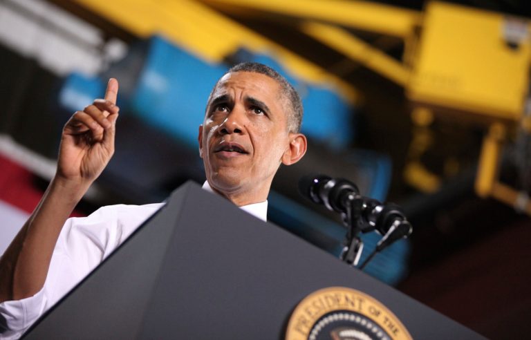 President Obama speaks at General Electric's gas engine facility in Waukesha, Wis., on Thursday. (AP Photo/Milwaukee Journal-Sentinel, Mike De Sisti, Pool)