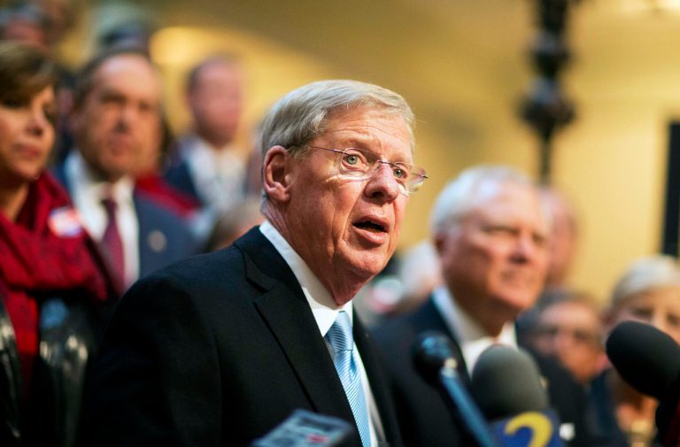 Sen. Johnny Isakson, R-Ga., speaks during a news conference to announce his re-election bid for the 2016 campaign at the state Capitol, Monday, Nov. 17, 2014, in Atlanta. (AP Photo/David Goldman)