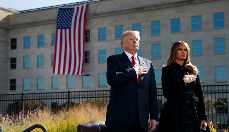 President Trump and first lady Melania Trump joined thousands of service members and families of 9/11 victims at the Pentagon, where hundreds of military personnel were killed after a hijacked plane crashed into the western side of the complex on Sept. 11, 2001. (AP Photo/Evan Vucci)