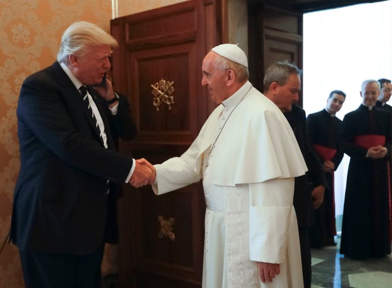 Pope Francis meets with President Trump at the Vatican Wednesday. U.S. Catholics have pointed to differences in their worldviews in failed efforts to shame Catholic Trump supporters into abandoning him. (AP Photo/Alessandra Tarantino, Pool)