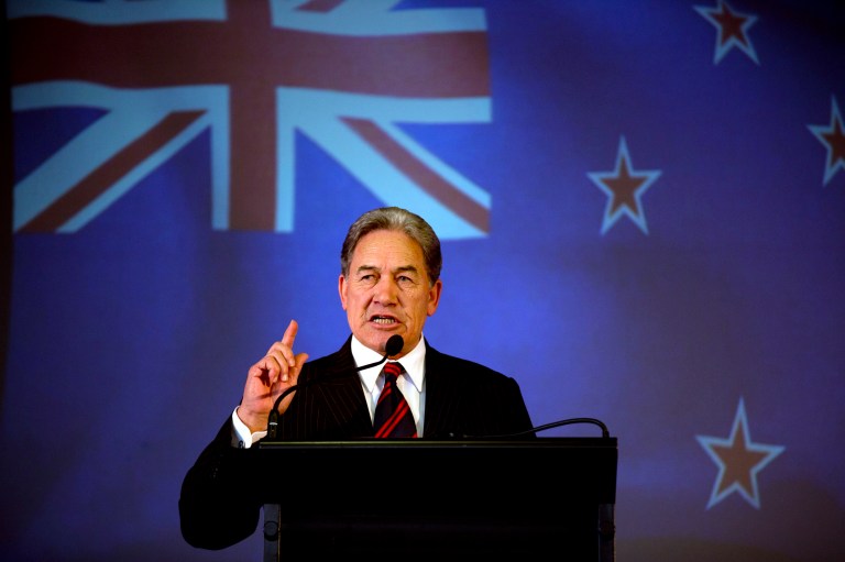 New Zealand First leader Winston Peters points his finger as he speaks during the New Zealand First Party campaign launch held at the Kelston Community Hall in west Auckland, New Zealand Aug. 10,  2014. During the launch, Peters lit into the government for allowing farms to be sold to foreign buyers, including those from China. He made a racially charged joke: âAs they say in Beijing, two Wongs donât make a white.â (AP Photo/New Zealand Herald/Dean Purcell)**New Zealand Out Australia Out**