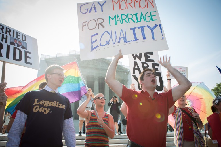 Gay marriage supporters outside the Supreme Court on Wednesday. (Graeme Jennings/Examiner)