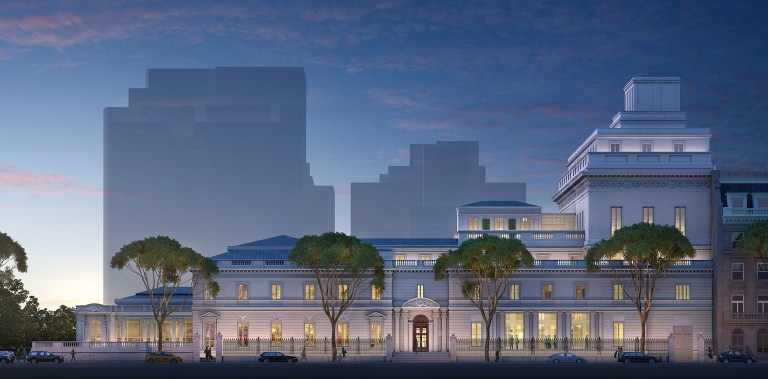 This undated artist rendering provided by the Frick Collection courtesy of Neoscape Inc., 2014 shows the Frick Collection museum, with a new six-story wing added on to the mansion on East 70th St., in New York. Construction, which will include more gallery space, a 220-seat auditorium and rooftop garden, is slated to begin in 2017 and completed in early 2020. (AP Photo/Frick Collection courtesy of Neoscape Inc., 2014 )