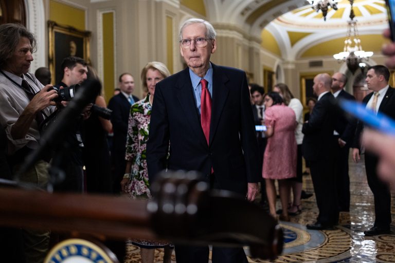 Senate Minority Leader Mitch McConnell (R-KY) speaks during a news conference following a closed-door lunch meeting with Senate Republicans at the U.S. Capitol September 6, 2023 in Washington, DC. McConnell declined to elaborate about his recent health issues and pointed reporters to a statement from the Attending Physician of Congress Dr. Brian P. Monahan.