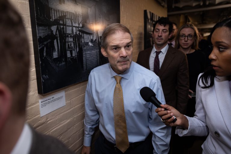 U.S. Rep. Jim Jordan (R-OH) arrives to a House Republican caucus meeting at the U.S. Capitol on October 12, 2023 in Washington, DC. House Republicans continue to debate their pick for Speaker after their initial nominee, Rep. Steve Scalise (R-LA), failed to secure the number of votes needed. The full House of Representatives is expected to vote on a replacement for former Speaker Kevin McCarthy (R-CA) after he was ousted last week.