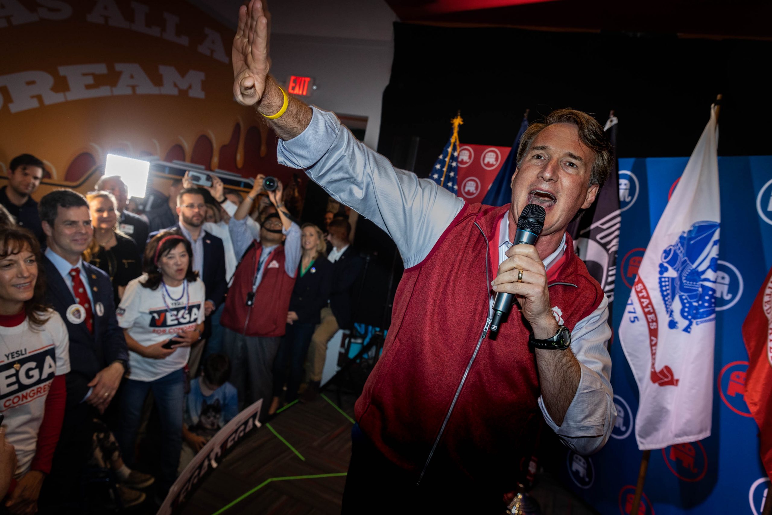 Virginia Gov. Glenn Youngkin speaks at a campaign rally for Yesli Vega, the Republican candidate for Virginia's 7th Congressional District, in Fredericksburg, Virginia, Monday, Oct. 16, 2022.