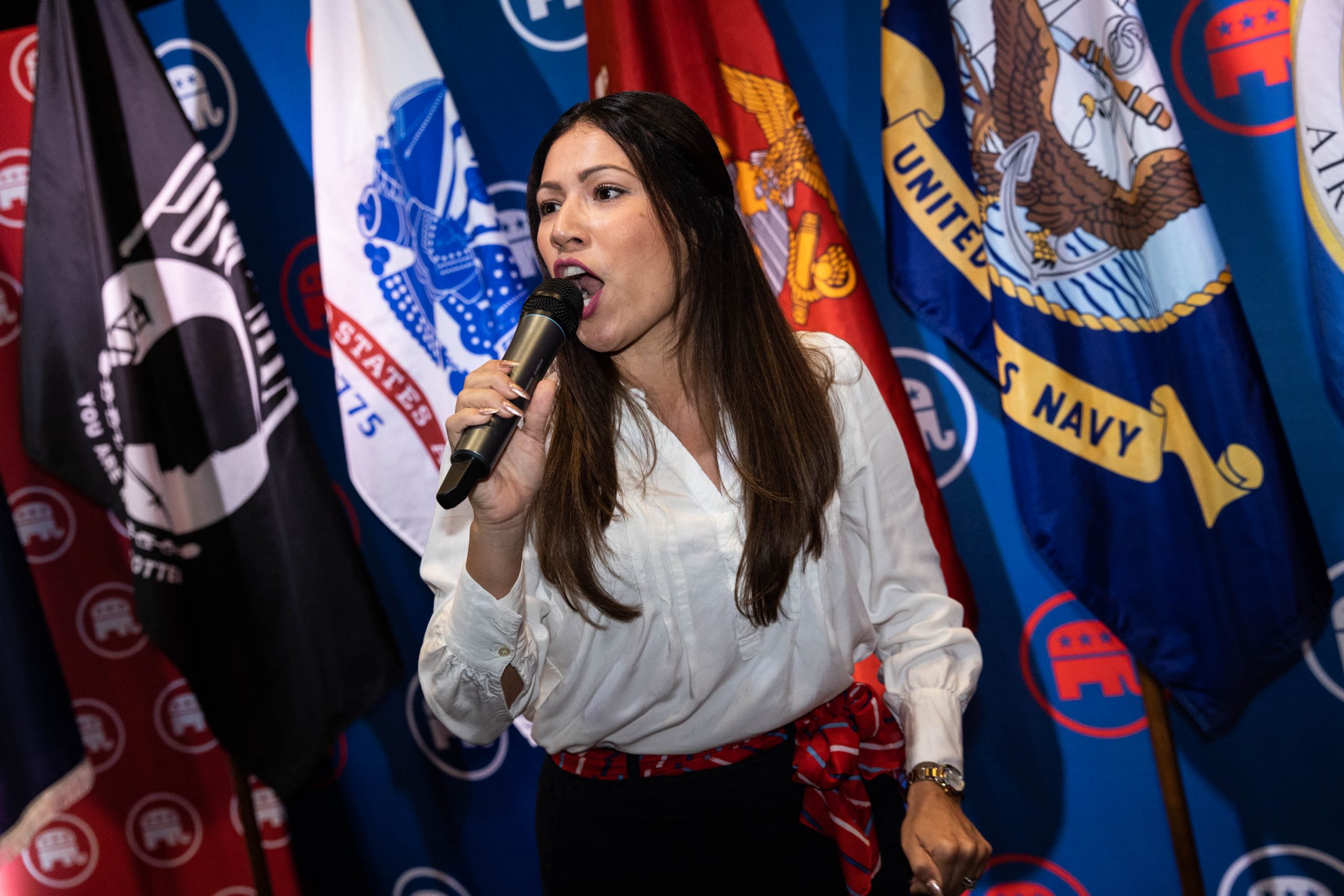 Yesli Vega, the Republican candidate for Virginia's 7th Congressional District, arrives at a rally in Fredericksburg, Virginia, Monday, Virginia, Oct. 16, 2022 