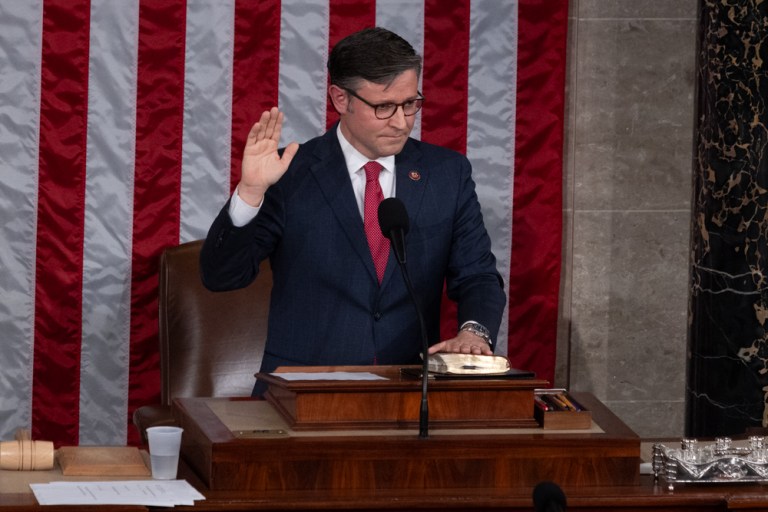 Representative Mike Johnson, a Republican from Louisiana, is sworn-in after becoming US House speaker in the House Chamber at the US Capitol in Washington, DC, US, on Wednesday, Oct. 25, 2023. Republicans installed little-known Trump ally Mike Johnson as US House speaker, cementing the party's rightward shift and ending a messy three-week succession fight that paralyzed legislative work.