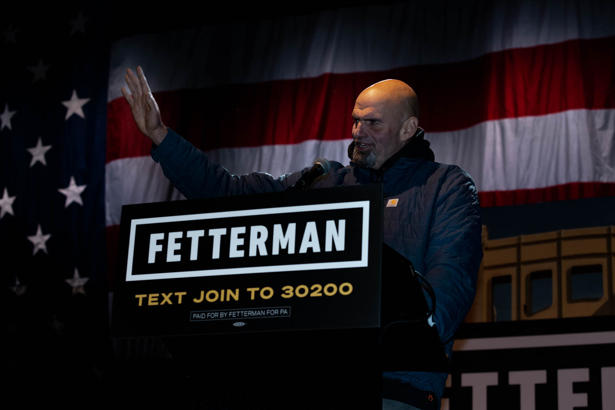Democratic candidate for U.S. Senate, John Fetterman, speaks during a campaign event featuring a performance by Dave Matthews in Pittsburgh, Pennsylvania Wednesday, Oct. 26, 2022.