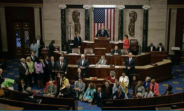 Rebellious Democrats shut down the House's legislative work on Wednesday, staging a sit-in on the House floor and refusing to leave until they secured a vote on gun control measures before lawmakers' weeklong break. (AP Photo)