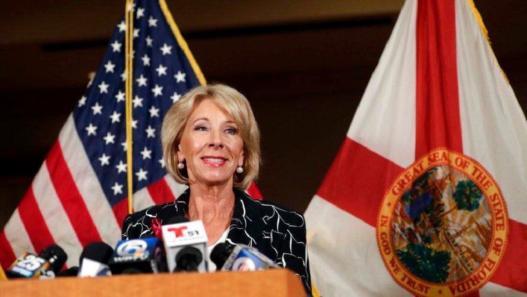 Secretary of Education Betsy DeVos speaks at a news conference following a visit to Marjory Stoneman Douglas High School in the aftermath of the Feb. 14 mass shooting at the school, Wednesday, March 7, 2018, in Coral Springs, Fla. (AP Photo/Lynne Sladky)
