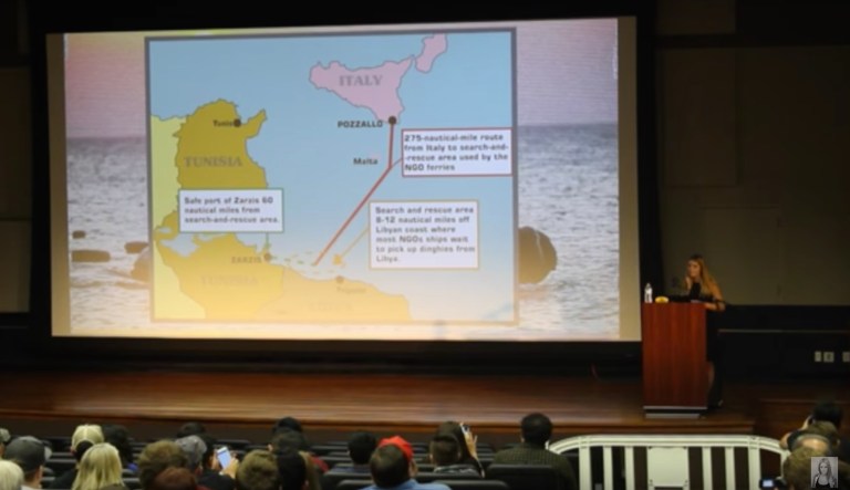 At an event at University of California, Irvine, on Thursday, Lauren Southern, a Canadian, right-wing YouTuber, recounted one of her trips overseas which opened her eyes to the human trafficking element that's a part of the crisis. (screenshot)