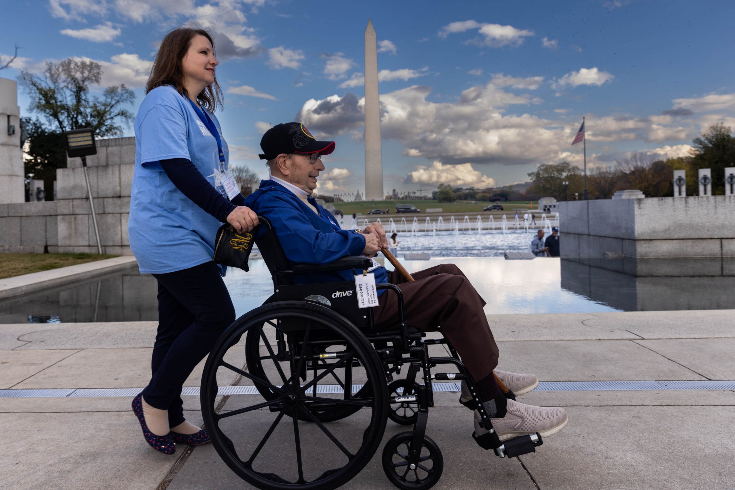 Jack Wilke, a WW2 Marine Corps veteran, at the the World War 2 Memorial in Washington D.C., Tuesday, November 1, 2022. Jack traveled to Washington as part of the The Honor Flight Network, which pays tribute to veterans of WWII, Korea, and Vietnam with a trip to the nation's capital to visit and reflect at the memorials.