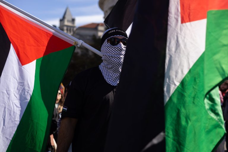 People attend a demonstration of solidarity with Palestinians in Washington, D.C., on Nov. 4, 2023. Hamas terrorists attacked Israel on Oct. 7, 2023, resulting in thousands of casualties, both Israeli and Palestinian. This escalation led Israel to declare war on Hamas in Gaza the following day.
