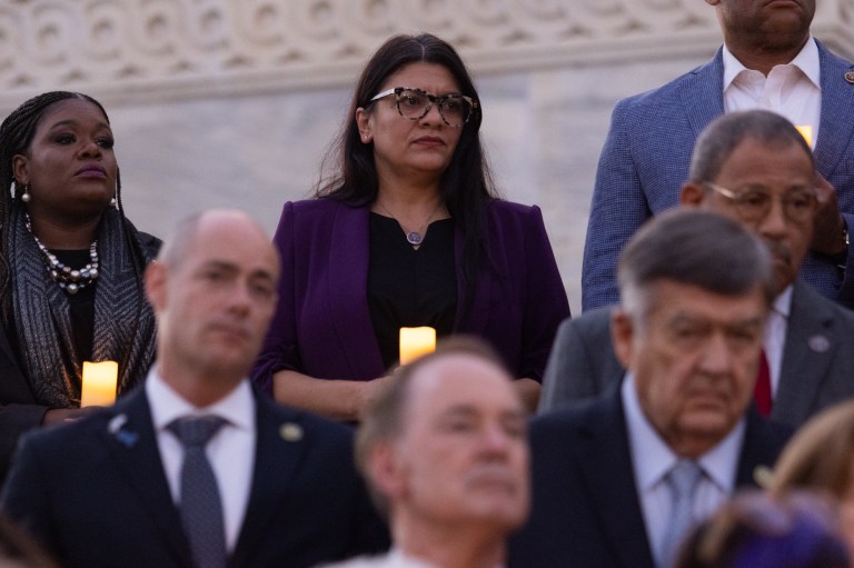 Rep. Cori Bush (D-MO) and Rep. Rashida Tlaib (D-MI) attend talk with each other as they attend a bipartisan candlelight vigil with members of Congress to commemorate one month since the Hamas terrorist attacks in Israel on October 7, at the U.S. Capitol November 7, 2023 in Washington, DC. In addition to the roughly 1,400 people killed in the October 7 attack, Hamas is still holding around 240 hostages in Gaza. Israeli Prime Minister Benjamin Netanyahu has stated that there will be no ceasefire in the Gaza Strip until all of the hostages held by Hamas are released.