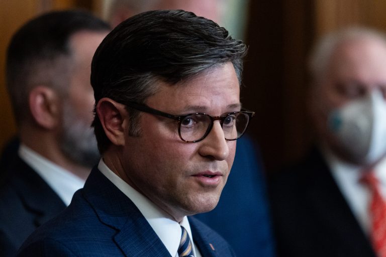 Speaker of the House Mike Johnson (R-LA) speaks during a news conference with fellow House Republican leaders and family members of people kidnapped by Hamas in the Rayburn Room at the U.S. Capitol on November 07, 2023, in Washington, D.C. Family members of people kidnapped on Oct. 7 in Israel joined House Republican leaders to plead for their release and for continued support from the United States for Israel's war against Hamas.