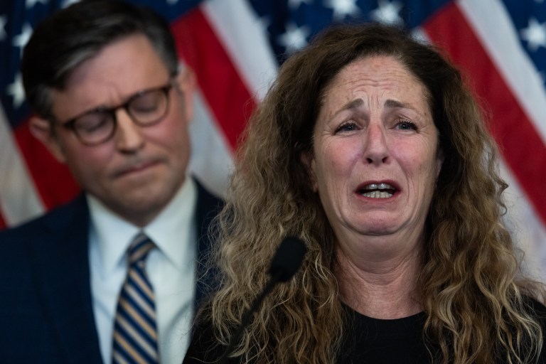 Doris Liber cries while speaking about her son Guy Illouz, who was taken hostage by Hamas during the Oct. 7 attack on Israel, while attending a news conference with House Speaker Mike Johnson (R-LA) and other House Republicans on Tuesday, Nov. 7, 2023. Doris and other family members of the hostages joined House Republicans to plead for their release.
