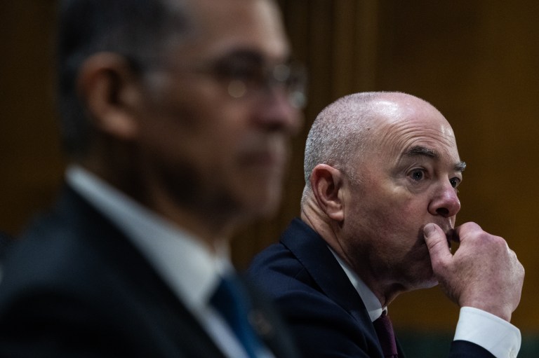 U.S. Secretary of Homeland Security Alejandro Mayorkas looks on during a Senate Appropriations Committee hearing on Nov. 8, 2023, on Capitol Hill.