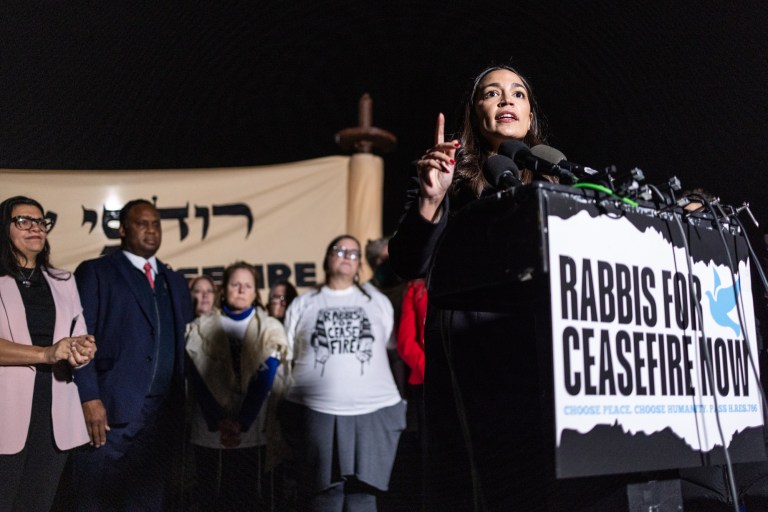 Rep. Alexandria Ocasio-Cortez (D-NY) speaks at a news conference calling for a ceasefire in Gaza outside the Capitol on Nov. 13, 2023, in Washington, D.C.
