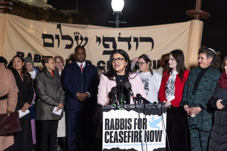 U.S. Rep. Rashida Tlaib (D-MI) listens during a news conference to call for a ceasefire in Gaza outside the U.S. Capitol building on November 13, 2023 in Washington, DC. House Democrats held the news conference alongside rabbis with the activist group Jewish Voices for Peace.
