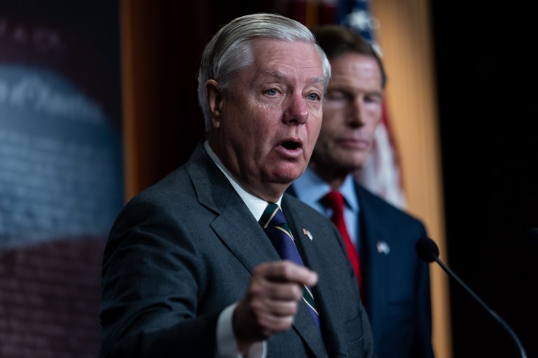 Sen. Lindsey Graham (R-SC), Sen. Richard Blumenthal (D-CT) and Sen. Dan Sullivan (R-AK) hold a press conference on deterring Iran at the U.S. Capitol on November 14, 2023 in Washington, DC. A bipartisan group of Senators is introducing a resolution warning Iran about widening the Israel-Hamas conflict.