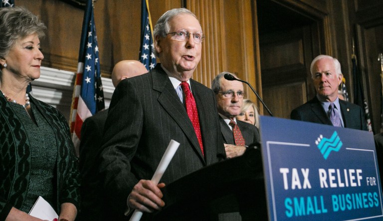 Senate Majority Leader Mitch McConnell speaks at a news conference on the GOP tax reform bill in 2017.