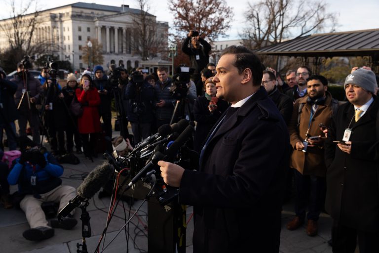 Rep. George Santos, a Republican from New York, during a news conference outside the US Capitol in Washington, DC, US, on Thursday, Nov. 30, 2023. Santos faces the most serious threat yet to his short and tumultuous tenure in Congress, as two competing resolutions to oust him from the House of Representations got put on a fast track Tuesday. 