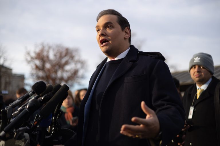 Rep. George Santos, a Republican from New York, during a news conference outside the US Capitol in Washington, DC, US, on Thursday, Nov. 30, 2023. Santos faces the most serious threat yet to his short and tumultuous tenure in Congress, as two competing resolutions to oust him from the House of Representations got put on a fast track Tuesday. 