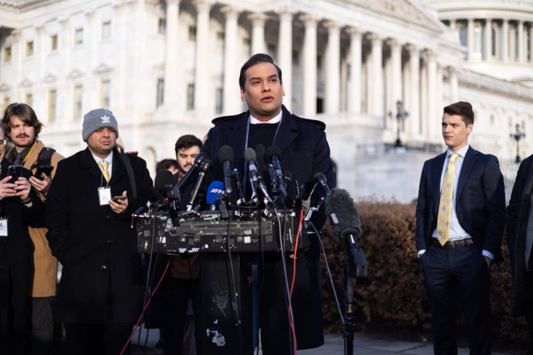 Rep. George Santos, a Republican from New York, during a news conference outside the US Capitol in Washington, DC, US, on Thursday, Nov. 30, 2023. Santos faces the most serious threat yet to his short and tumultuous tenure in Congress, as two competing resolutions to oust him from the House of Representations got put on a fast track Tuesday. 