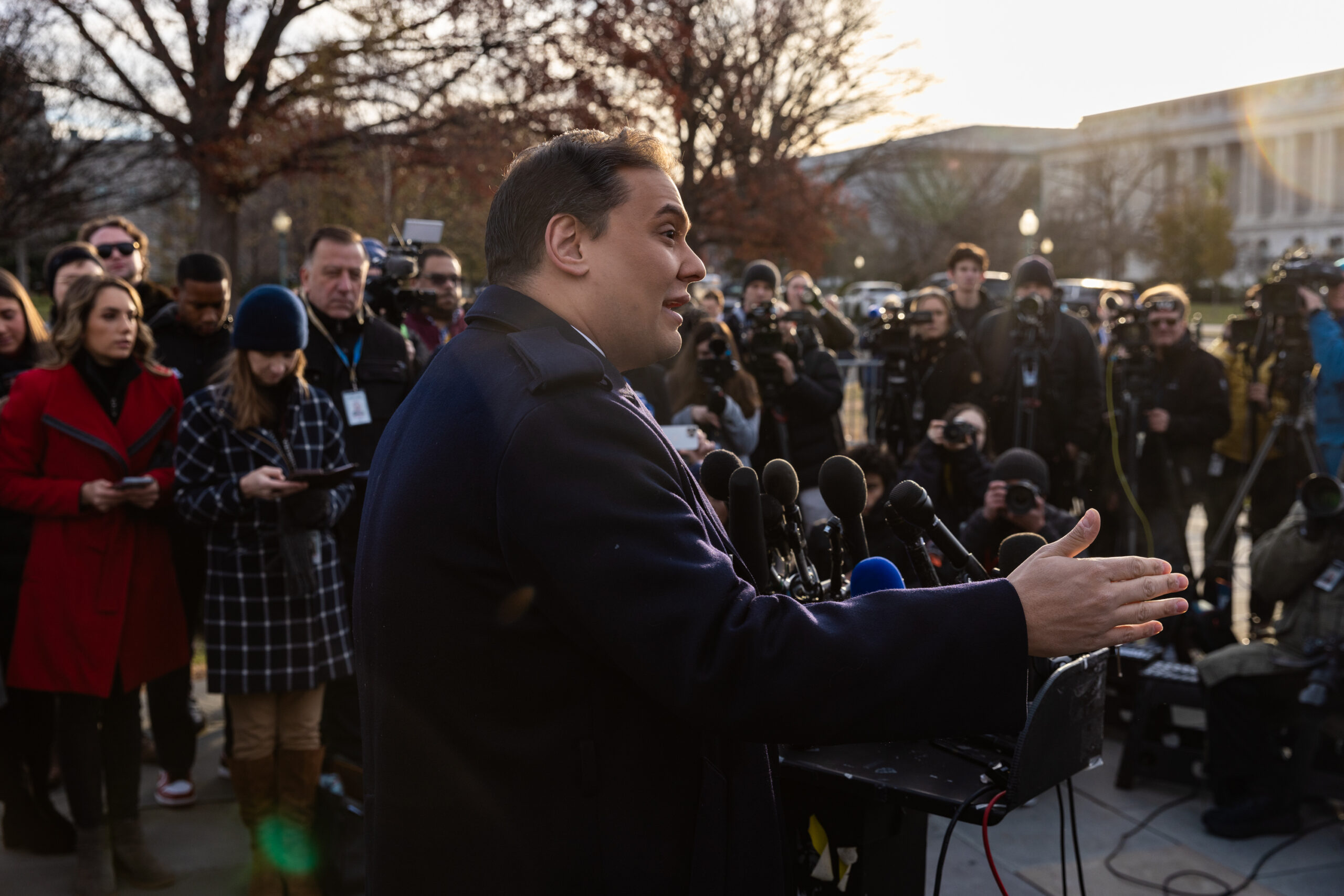 Rep. George Santos (R-NY) speaks to the media about the House Ethics Committee report and potential expulsion from Congress on Capitol Hill on Thursday, Nov. 30, 2023. On Friday, the House voted to expel Santos from Congress. He is the sixth lawmaker ever to be expelled from the House. 
