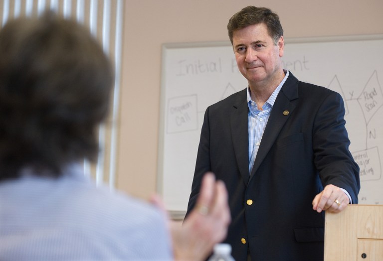 U.S. Senate candidate George Allen listens to area residents during a small business roundtable Wednesday afternoon, Sept. 26, 2012 at the Rockingham County Administration Center in Harrisonburg, Va. (AP Photo/Daily News-Record, Nikki Fox)