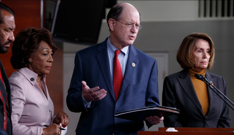 Rep. Brad Sherman, D-Calif., (center) introduced an article of impeachment in the House of Representatives against President Trump. (AP Photo/J. Scott Applewhite)
