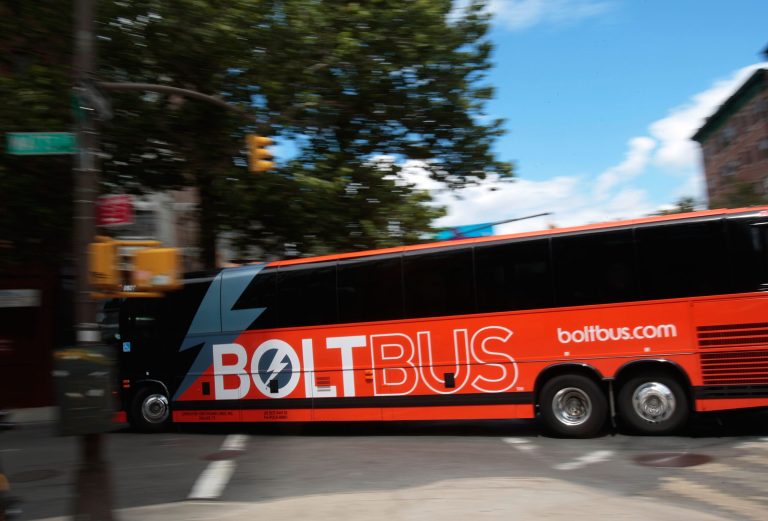 A BoltBus is seen leaving Manhattan for Washington DC in New York City. (Chris Hondros/Getty Images)