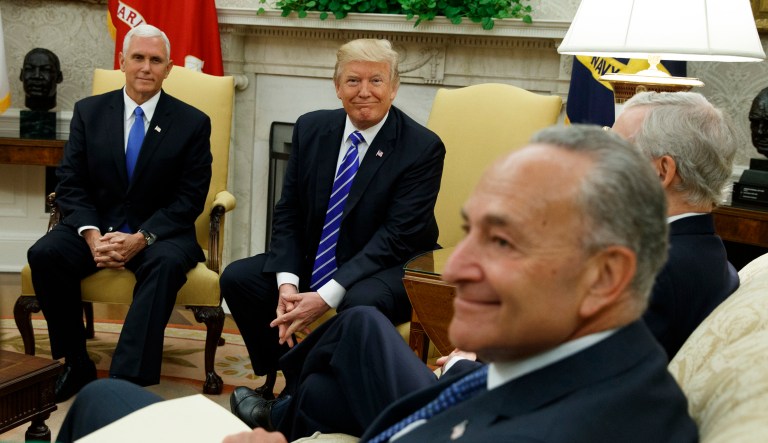 President Trump will meet with Senate Minority Leader Chuck Schumer and other lawmakers from New York and New Jersey on Thursday to discuss infrastructure-related projects. (AP Photo/Evan Vucci)
