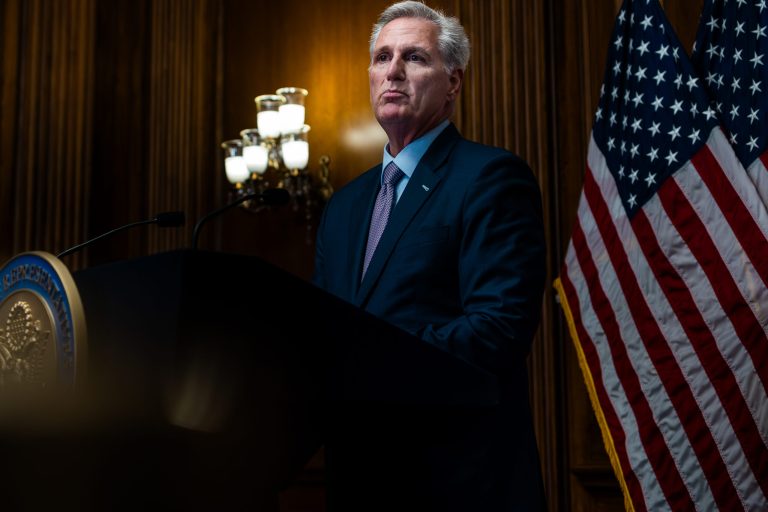 Former House Speaker Kevin McCarthy (R-CA) seen here speaking at a news conference in October on Capitol Hill. McCarthy will be leaving Congress on Dec. 31, 2023, just three months after a handful of rogue conservatives engineered his removal from the speakership. McCarthy is the only speaker in history to be voted out of the job. 