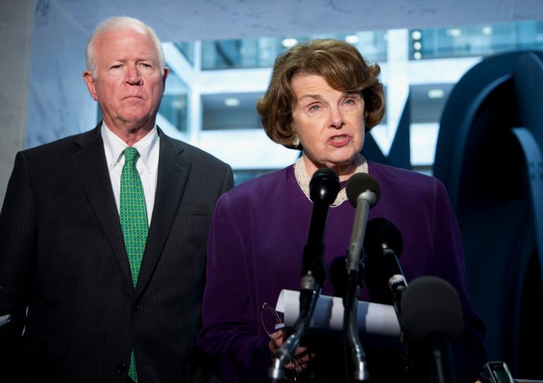 Senate Intelligence Chair Sen. Dianne Feinstein, D-Calif. , accompanied by the committee's Vice Chairman Sen. Saxby Chambliss, R-Ga., speaks to reporters on Capitol Hill in Washington, Tuesday, June 3, 2014, following a closed-door committee briefing. (AP Photo/Manuel Balce Ceneta)