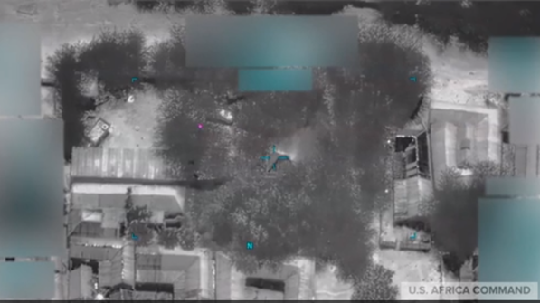 Screenshot of a video showing a precision air strike on the location of a known al-Shabaab explosives network leader near Jilib around 1 p.m. local time, Dec. 10, 2020. Initial assessments show the operation killed 8 and wounded 2 terrorists.