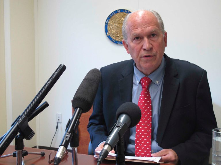 Gov. Bill Walker holds a news conference on Wednesday, July 1, 2015, in Juneau, Alaska. (AP Photo/Becky Bohrer)