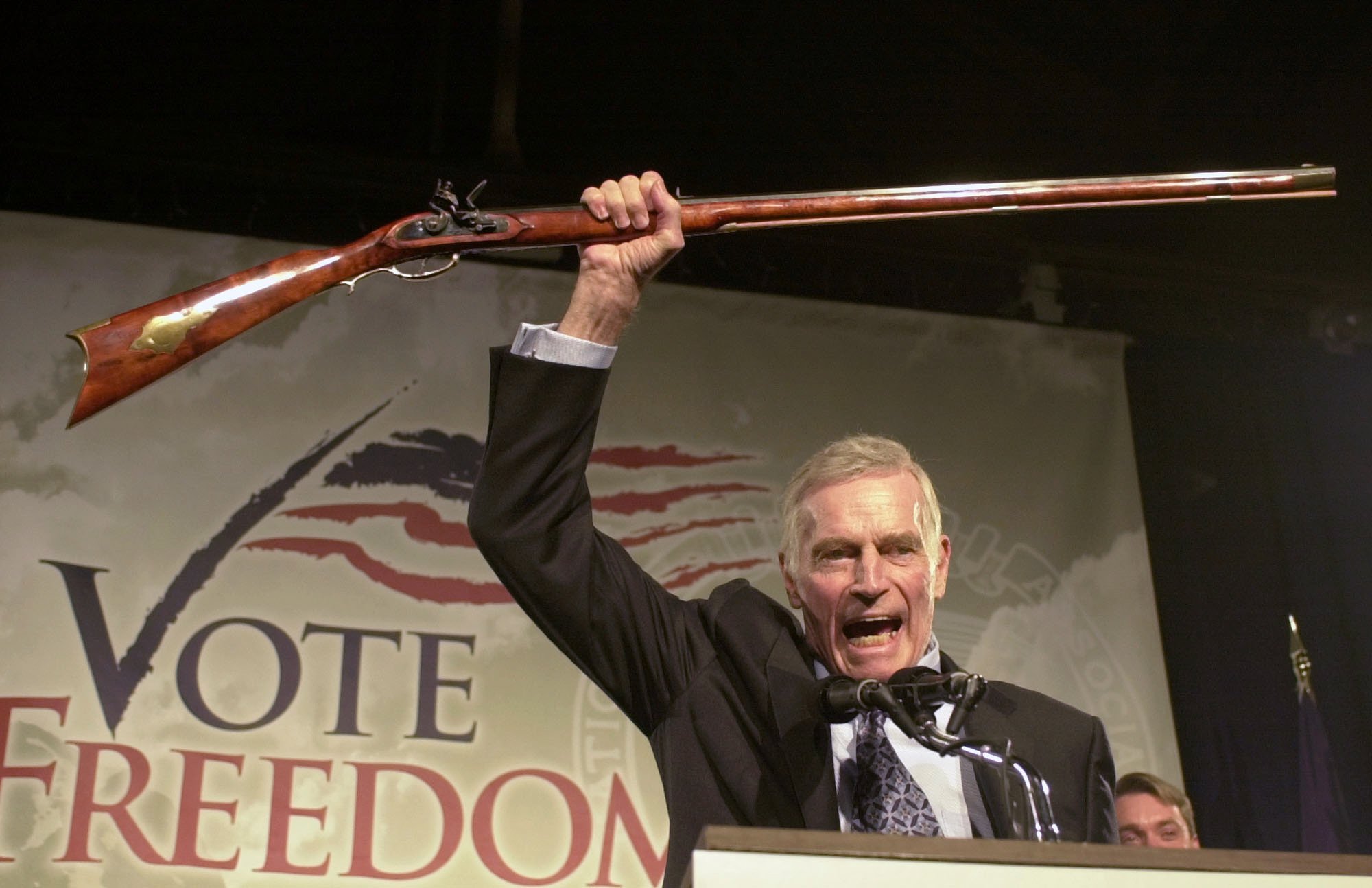 Michigan candidate uses voice of Charlton Heston