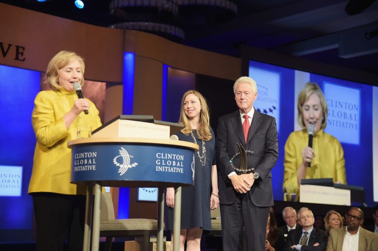 Former US Secretary of State Hillary Clinton, Former U.S. President Bill Clinton, and their daughter, vice chair of the Clinton Foundation Chelsea Clinton take part in the Closing Plenary Session: 'Aiming for the Moon and Beyond' during the fourth day of the Clinton Global Initiative's 10th Annual Meeting. (Photo by Michael Loccisano/Getty Images)