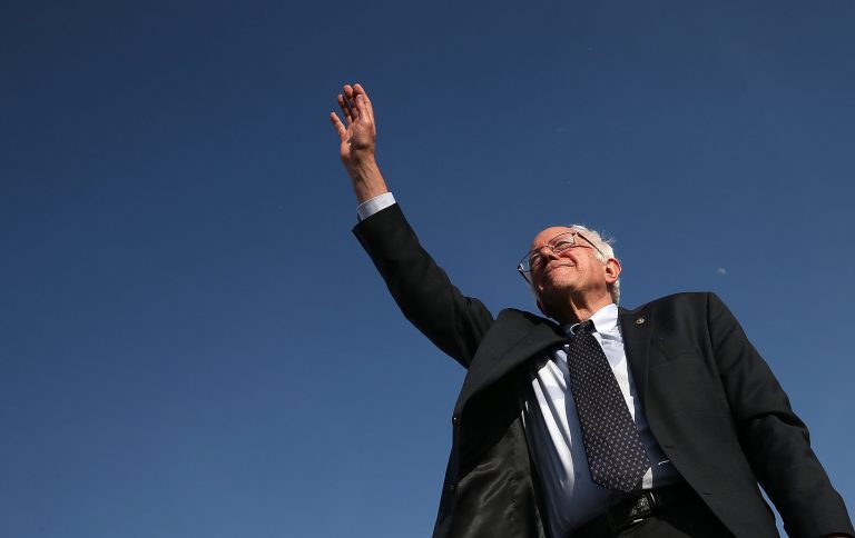 Sen. Bernie Sanders, I-Vt., waves to supporters after officially announcing his candidacy for the U.S. presidency during an event at Waterfront Park May 26, 2015 in Burlington, Vermont. (Photo by Win McNamee/Getty Images)