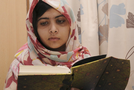 Malala Yousufzai, a young Pakistan activist who promotes the education of girls, was shot in the head by a Taliban gunman in October 2012 while riding a bus home from school.